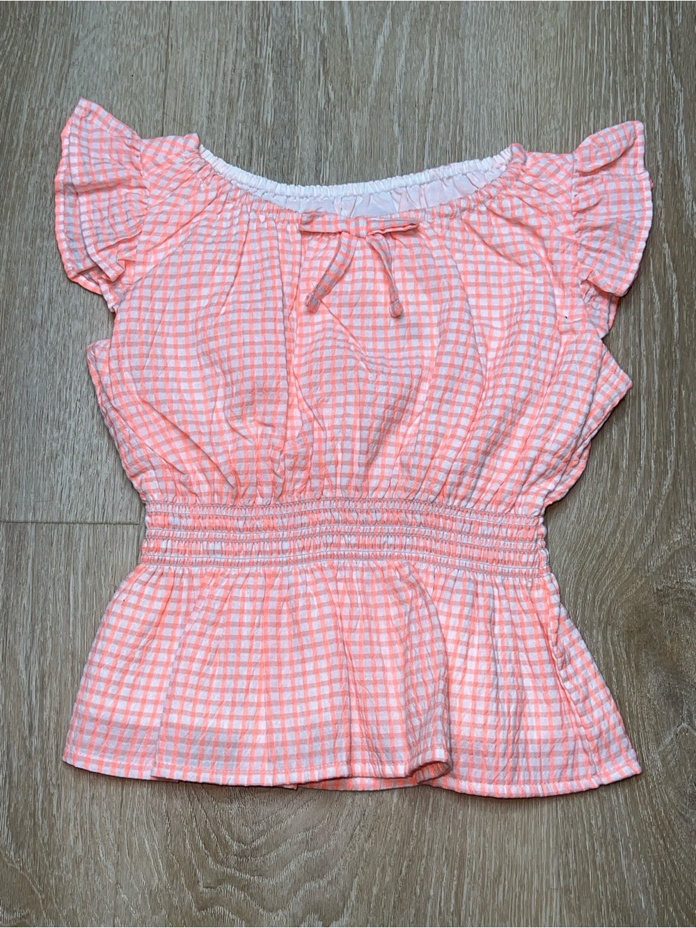 Janie and Jack, Gingham Peplum Top Orange Lily Ruffle Cap Sleeve, Girls Size 5